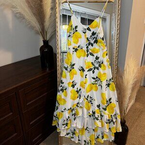Lulus Air Yellow Lemon & Floral Print High-Low Midi Dress – Size [L]